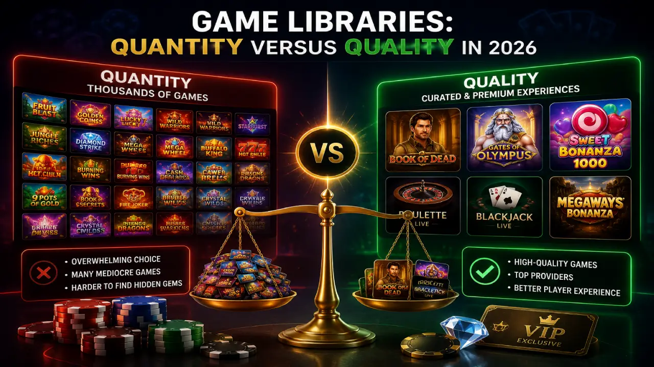 Comparison infographic showing quantity versus quality in online casino game libraries, featuring a large selection of slot games on one side and a curated collection of premium casino titles on the other, balanced by a scale representing game variety and player experience.