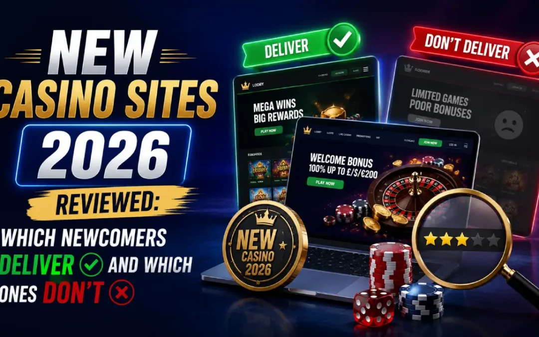 Comparison of new online casino sites in 2026 showing top-performing newcomers versus underperforming casinos, with casino games, welcome bonuses, ratings, roulette, poker chips, and review graphics.