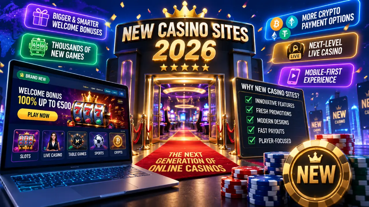 Modern illustration of new online casino sites in 2026 featuring a futuristic casino entrance, laptop displaying a new casino homepage, welcome bonus, crypto payment options, live casino games, mobile gaming, poker chips, and casino review elements.