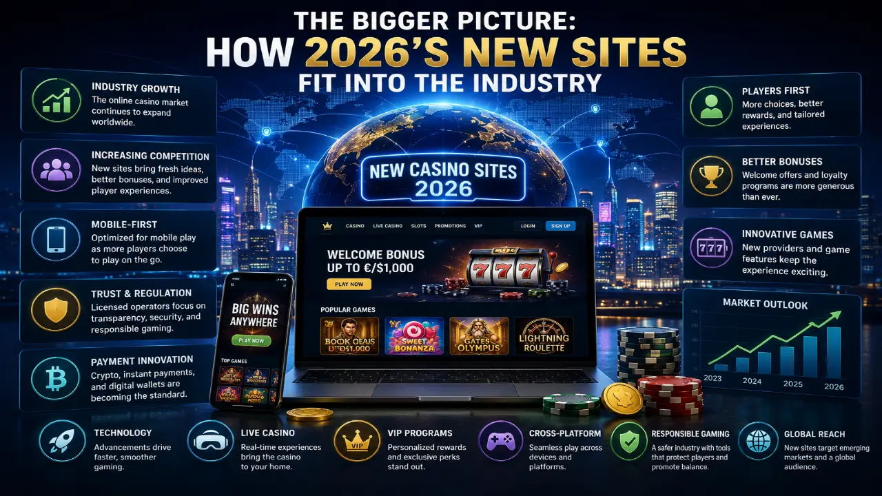 Illustration showing how new casino sites in 2026 fit into the online gambling industry, featuring a global network, online casino platform, mobile gaming, crypto payments, industry growth, player-focused innovation, trust, regulation, and emerging market trends.