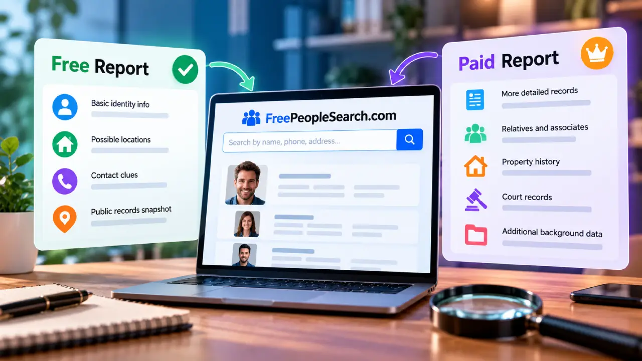 FreePeopleSearch.com free and paid report comparison showing basic identity and contact information alongside more detailed public record data.