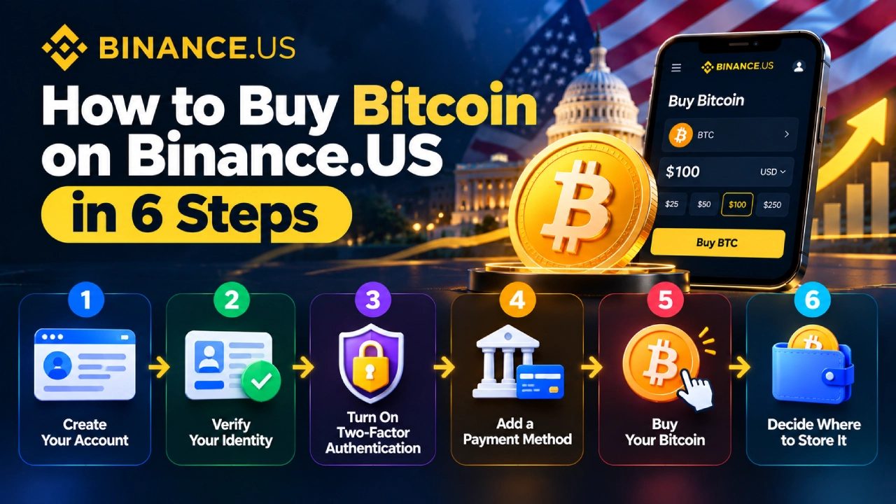 Six steps to buy Bitcoin on Binance.US, from creating an account and verifying identity to buying and storing BTC
