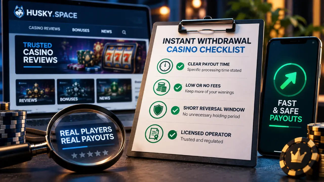 Instant withdrawal casino checklist showing clear payout times, low fees, short reversal windows, licensed operators, and trusted casino reviews.