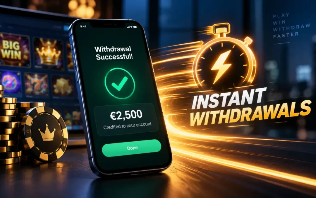 Instant withdrawal casino showing a successful €2,500 payout on a smartphone with a speed timer and online casino games in the background.