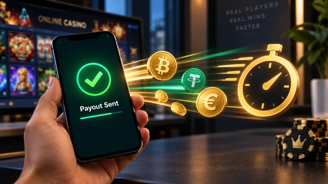 Smartphone showing a successful casino payout with Bitcoin, stablecoin and euro payments moving toward a speedometer, representing fast withdrawals in 2026.