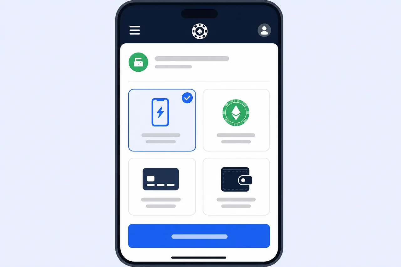 Casino cashier screen with payment method tiles on a phone