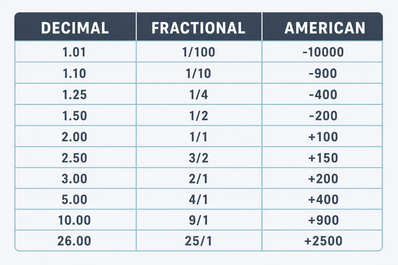 Chart converting between decimal fractional and American sports betting odds